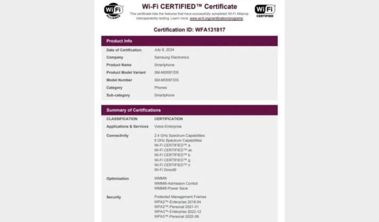 Samsung Galaxy F05, Galaxy M05 clear Wi-Fi Alliance